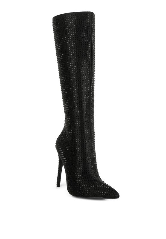 Black knee-high boot with stiletto heel on a white background
