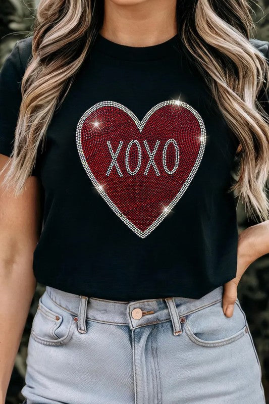 Black Rhinestone XOXO Heart Graphic Crewneck Tee featuring a glittery heart design.