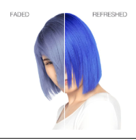 Comparison of blue hair color before and after refreshing, with a person wearing a white shirt.