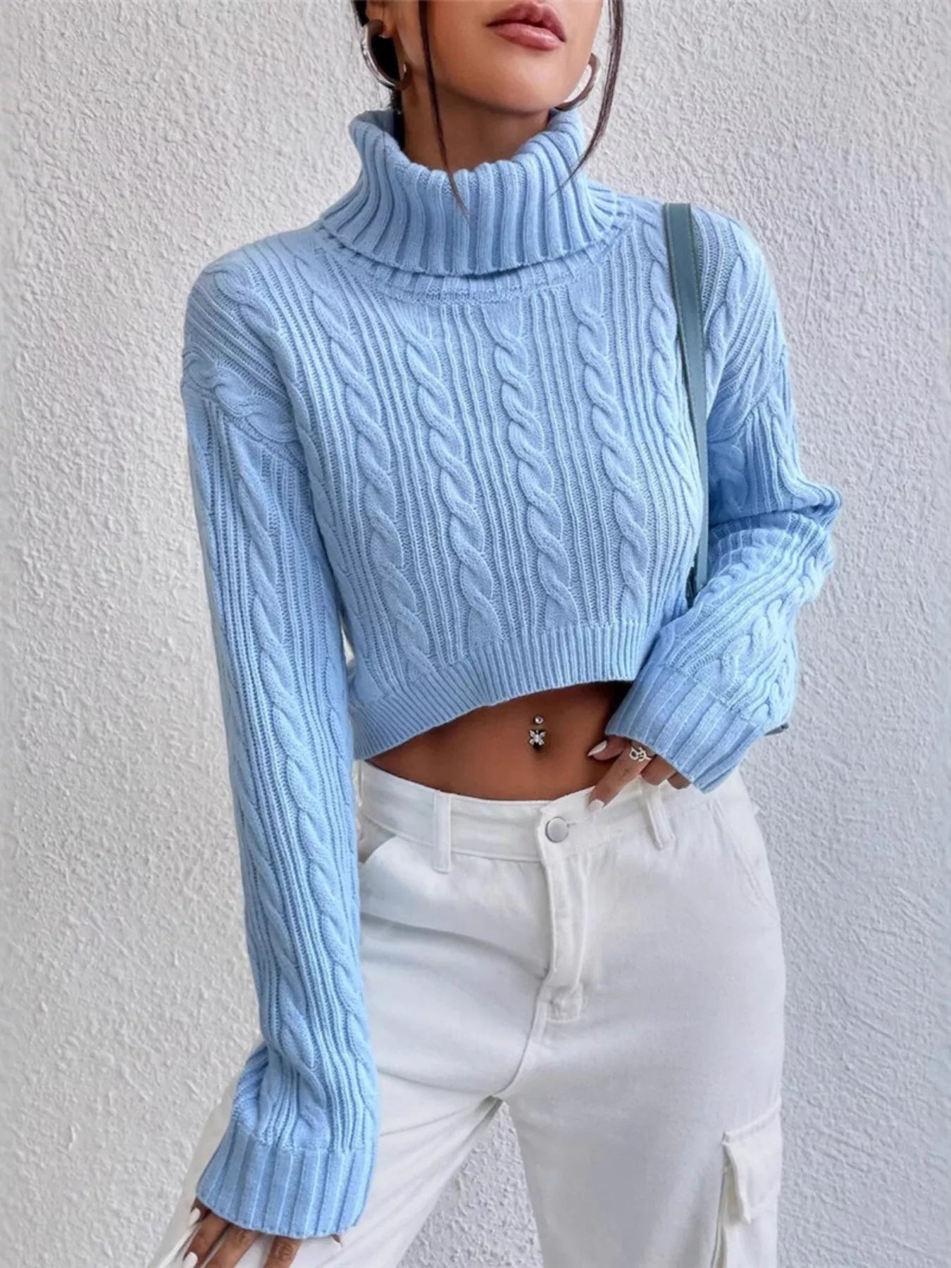 Cable-Knit Turtleneck Long Sleeve Sweater in light blue with a stylish cropped design.