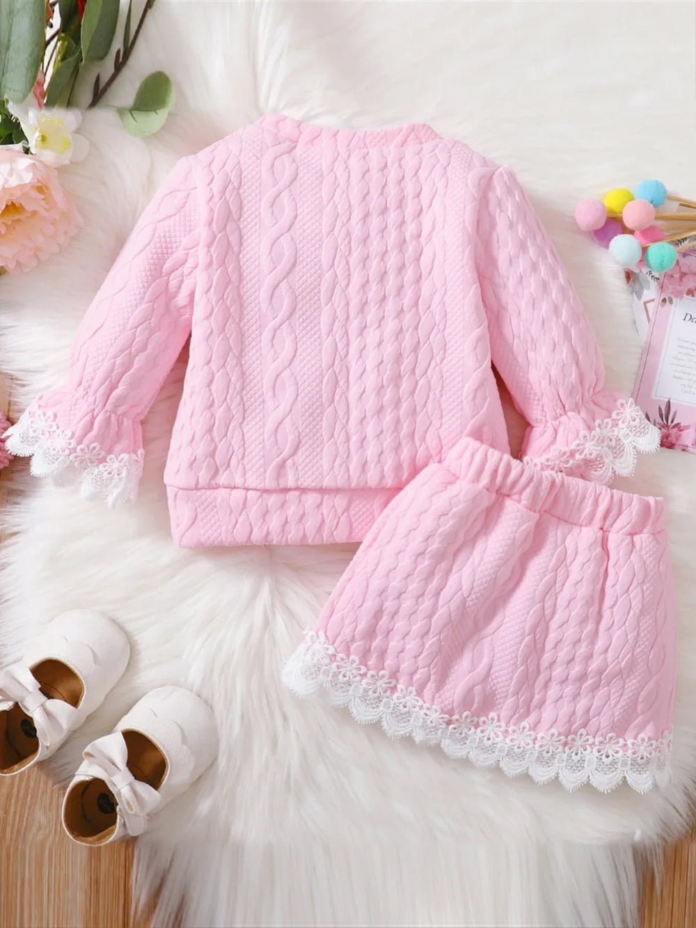 Children's Lace Detail Top and Skirt Set pink 