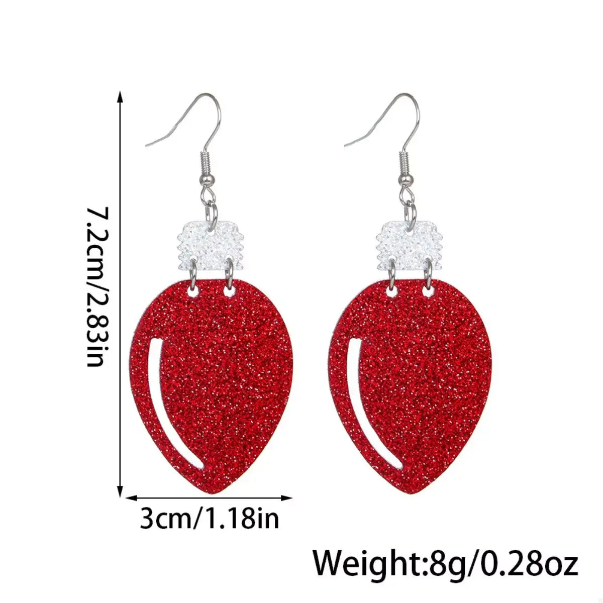 Red glittery heart-shaped earrings with measurements and weight on a white background