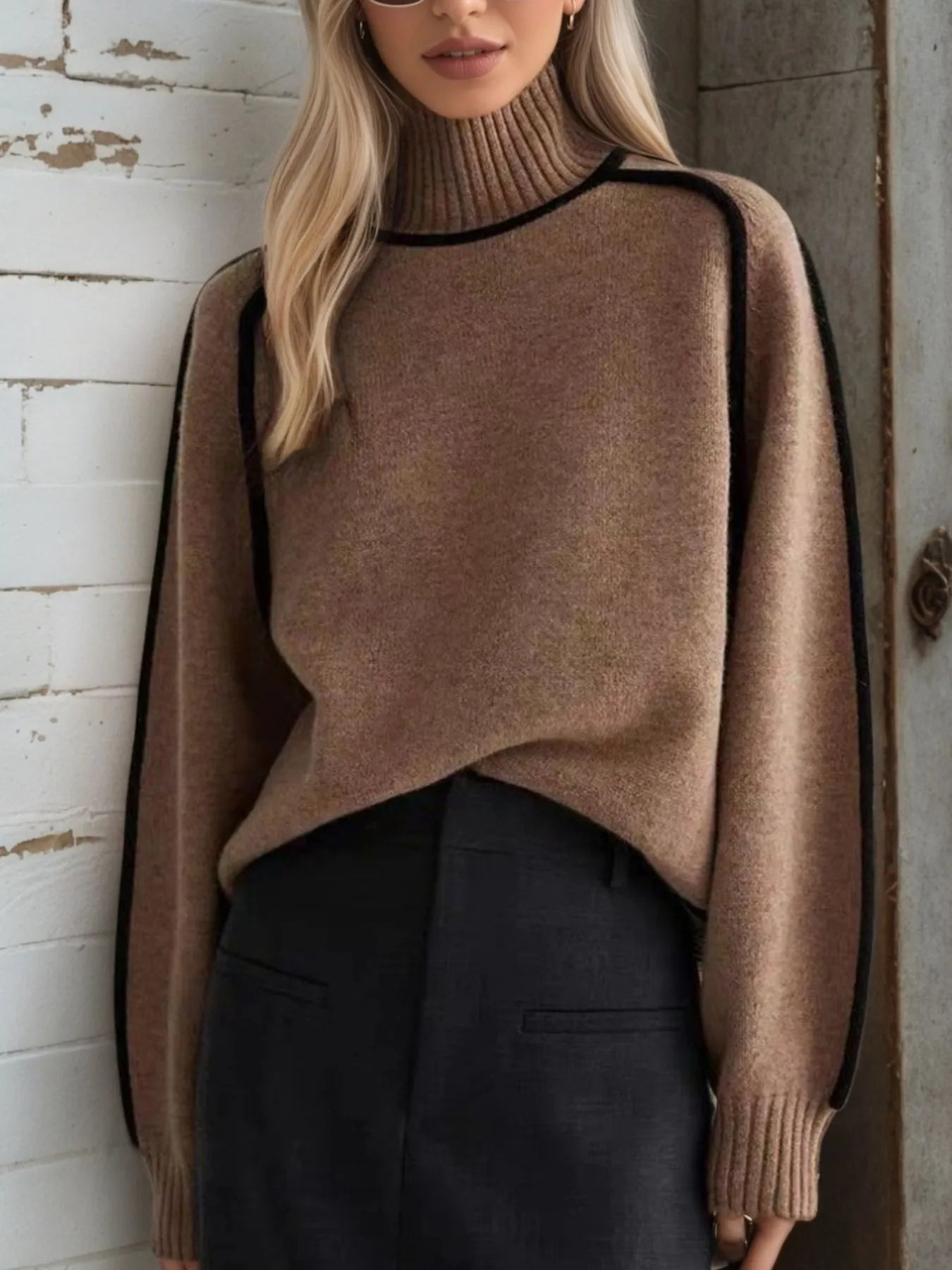 Contrast Trim Turtleneck Sweater - Women's with contrast stitching and slightly stretchy material.
