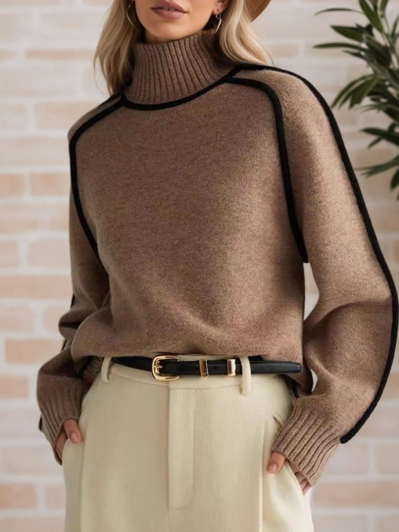 Contrast Trim Turtleneck Sweater - Women's with contrast stitching, slightly stretchy fabric, styled with a belt.