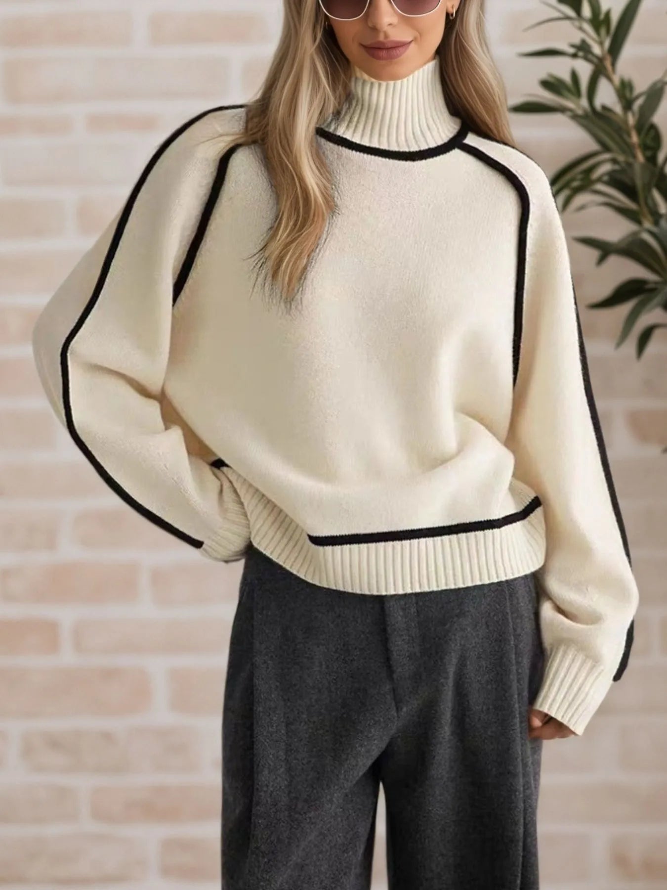 Contrast Trim Turtleneck Sweater worn by a model, showcasing its stylish design and contrast stitching details.