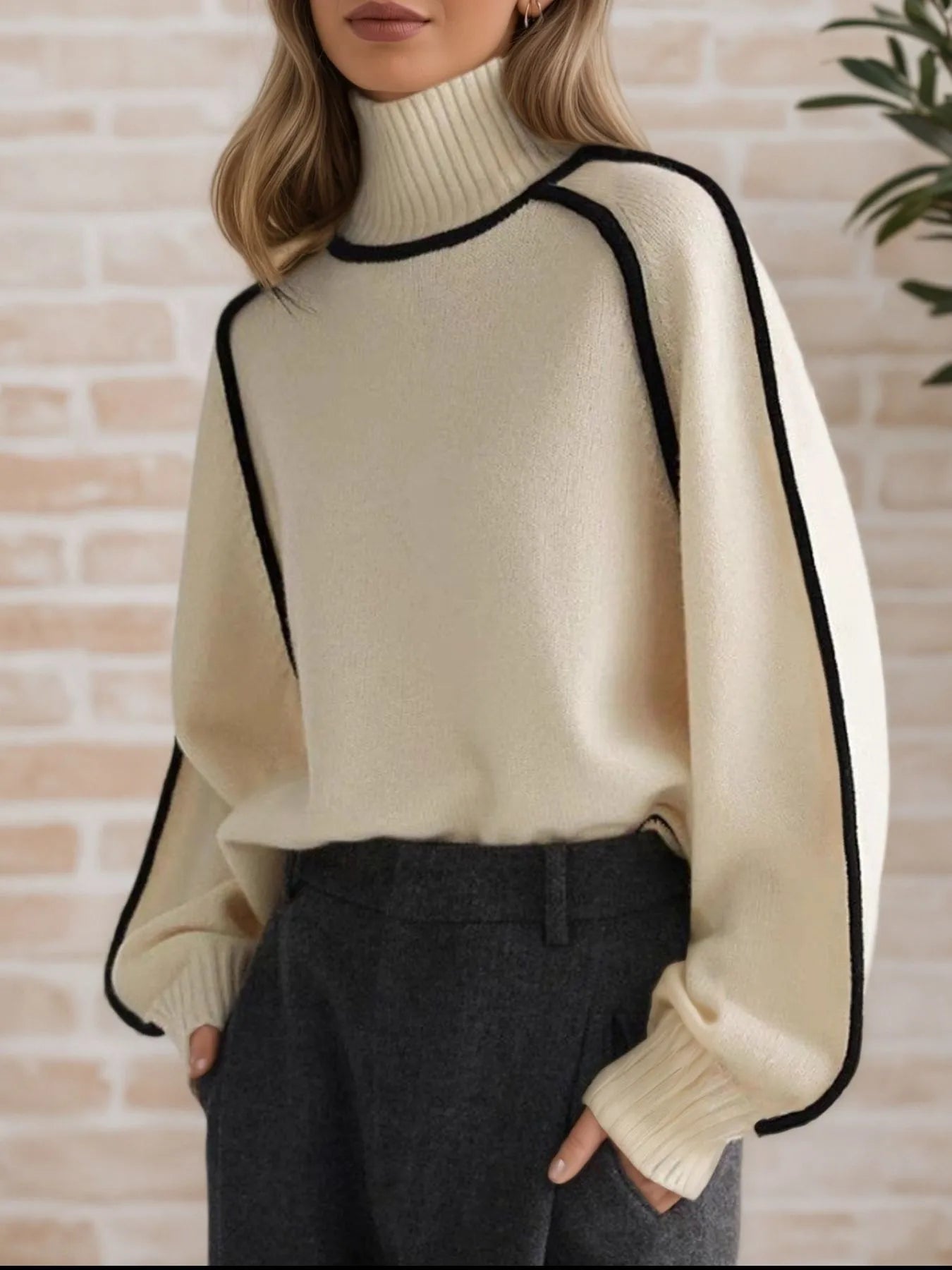Contrast Trim Turtleneck Sweater - Women's fashion with contrast stitching and slightly stretchy material.