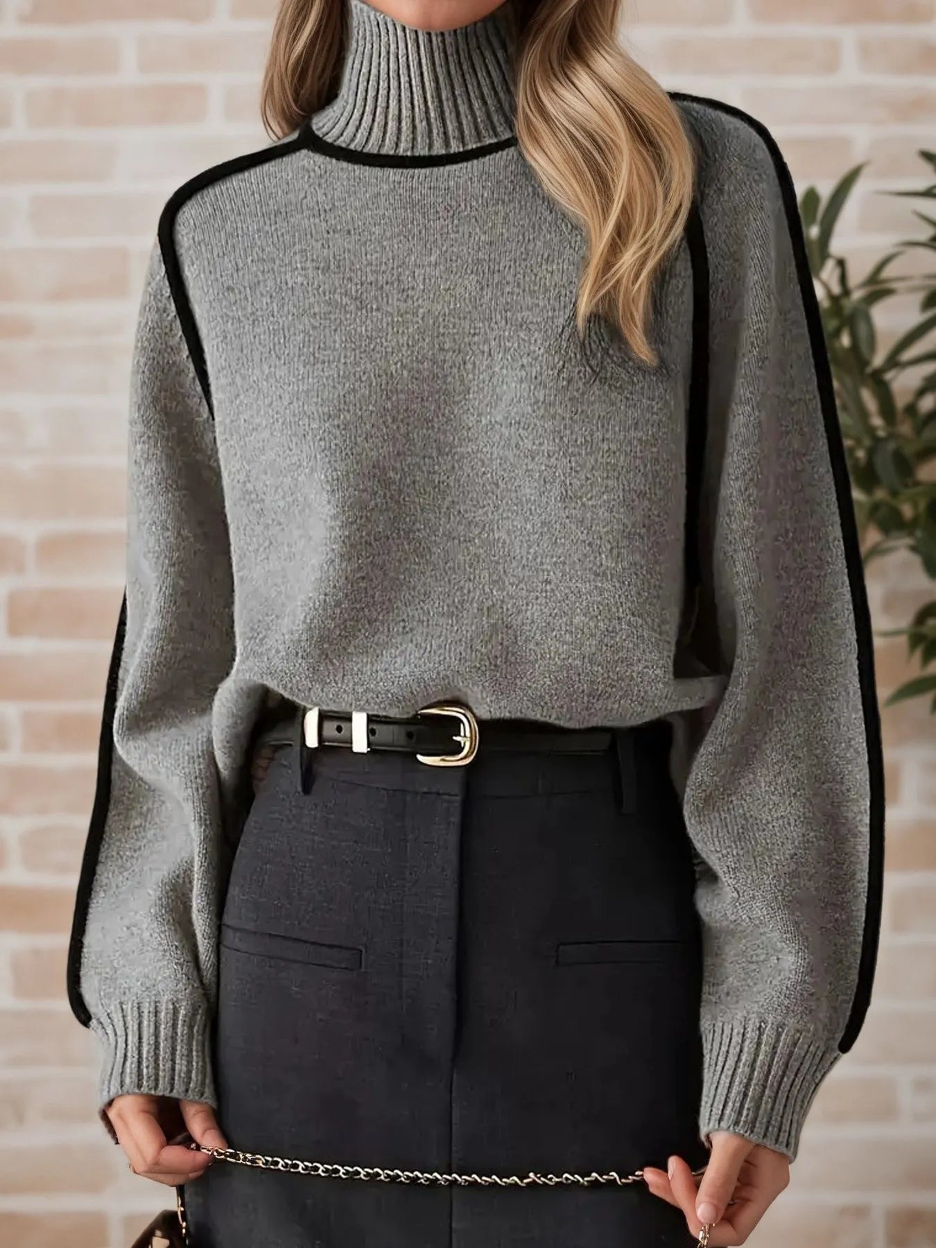 Contrast Trim Turtleneck Sweater - Women's grey sweater with black contrast stitching and turtleneck design.