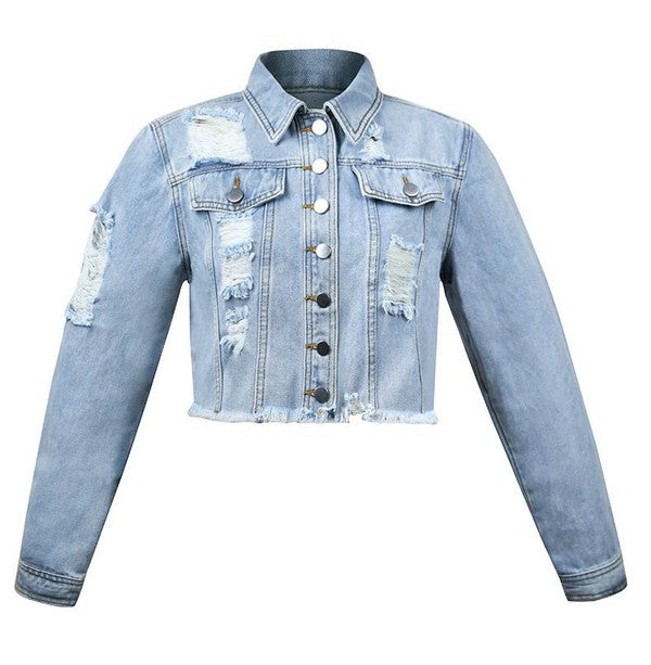 Light blue denim jacket with distressed details on a white background