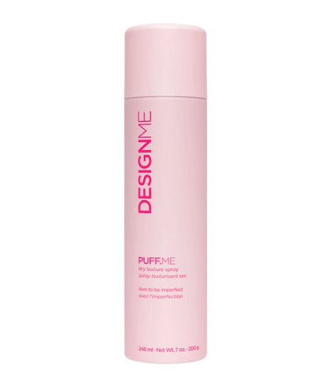 Pink hair spray bottle with 'Design Me' branding on a white background