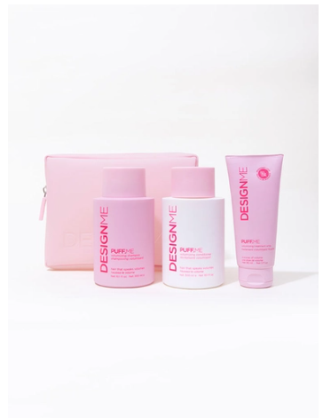 Set of pink and white skincare products with 'DESIGN ME' branding on a white background