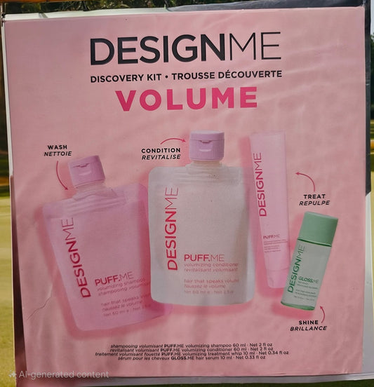 A product image featuring the DesignMe Volume Discovery Kit with three bottles of hair care products: shampoo, conditioner, and treatment essence. Each bottle is pink with a white label and the kit is presented on a pink background with the text 'DISCOVERY KIT' and 'VOLUME'.