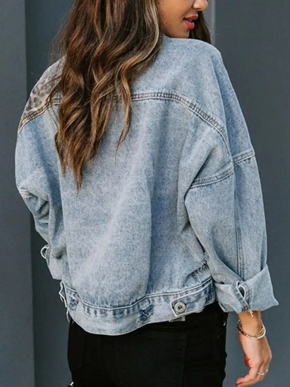 Distressed Leopard Print Drop Shoulder Denim Jacket