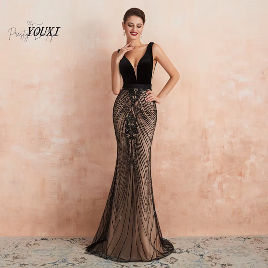 Customized Mermaid Evening Dresses YOUXI Sexy Plunging Backless Black and Champagne Long Prom Formal Gown Robe De Soiree