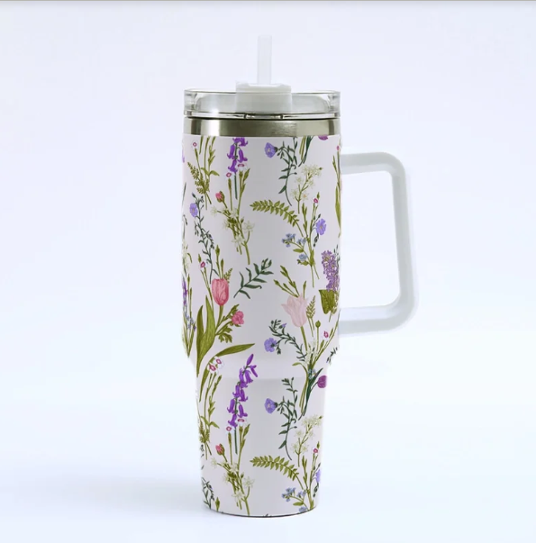 Floral 40oz Stainless Steel Tumbler Cup with straw, featuring a beautiful floral design.