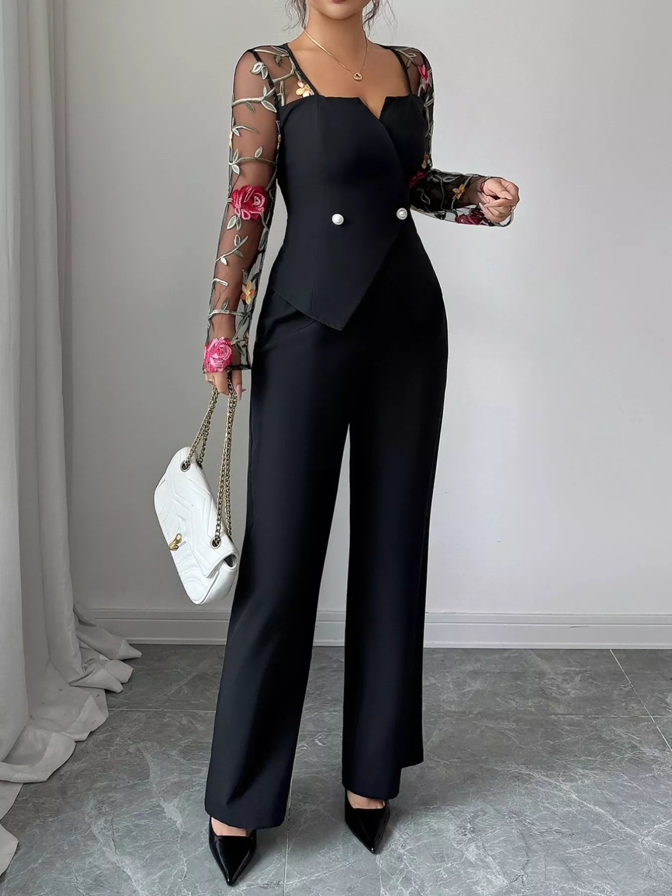 Floral Embroidered Sleeve Top and Pants Set