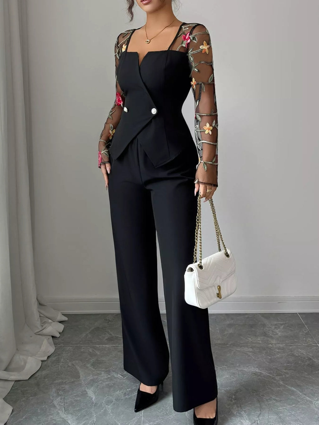 Floral Embroidered Sleeve Top and Pants Set