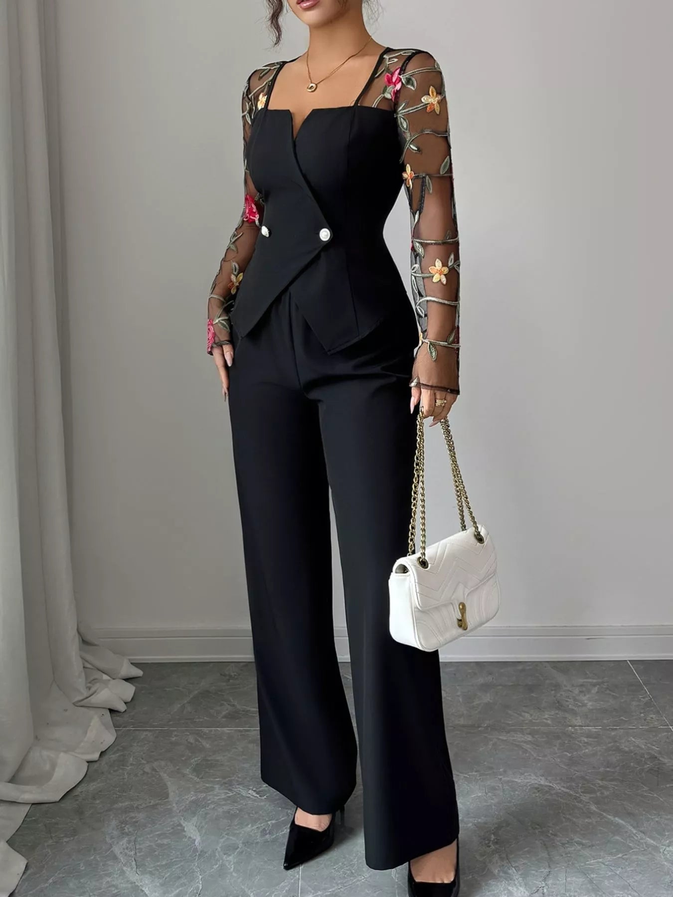 Floral Embroidered Sleeve Top and Pants Set