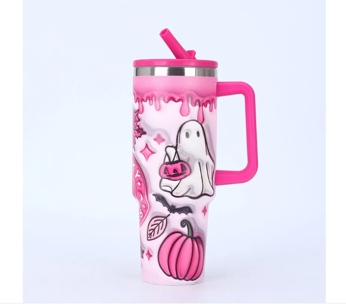 Halloween Pumpkin Spooky Insulated Tumbler Cup with ghost and pumpkin design, stainless steel, built-in straw, spill proof.