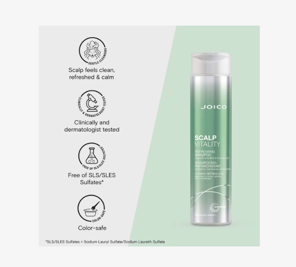 Joico Scalp Vitality shampoo bottle with product details on a green and white background