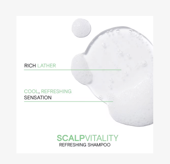 Scalp vitality refreshing shampoo with a close-up of shampoo lather on a light gray background.