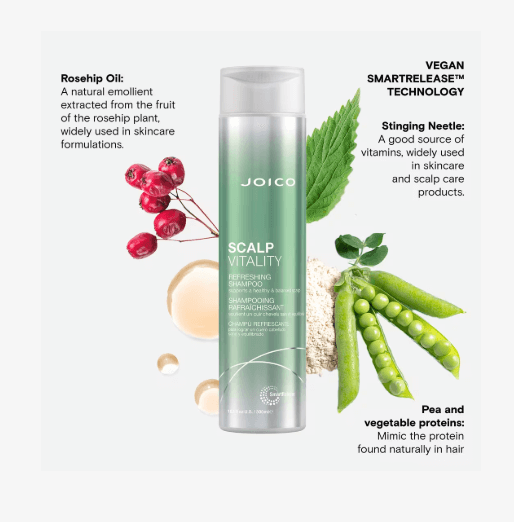 Joico Scalp Vitality shampoo bottle with natural ingredients and benefits on a white background
