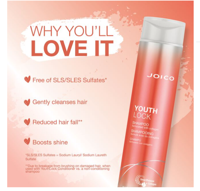 A tube of Joico YouthLock Collagen Color Safe Conditioner with a pink to white gradient color.