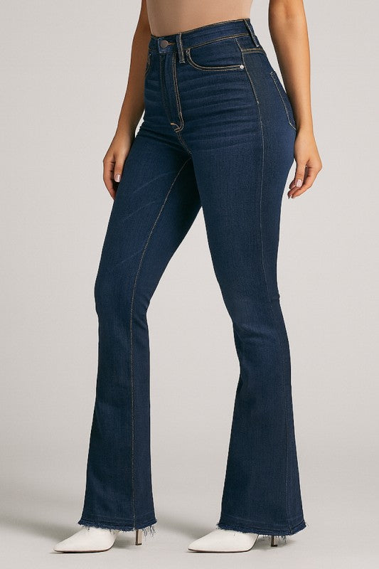 Judy Bootcut Premium Stretch Jean shown on model, featuring high stretch premium denim and a unique Re-Done Hem.