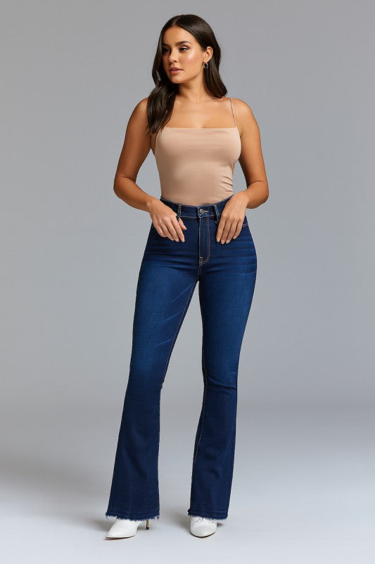 Model wearing Judy Bootcut Women's Jeans, showcasing a bootcut style and high stretch denim with a casual look.