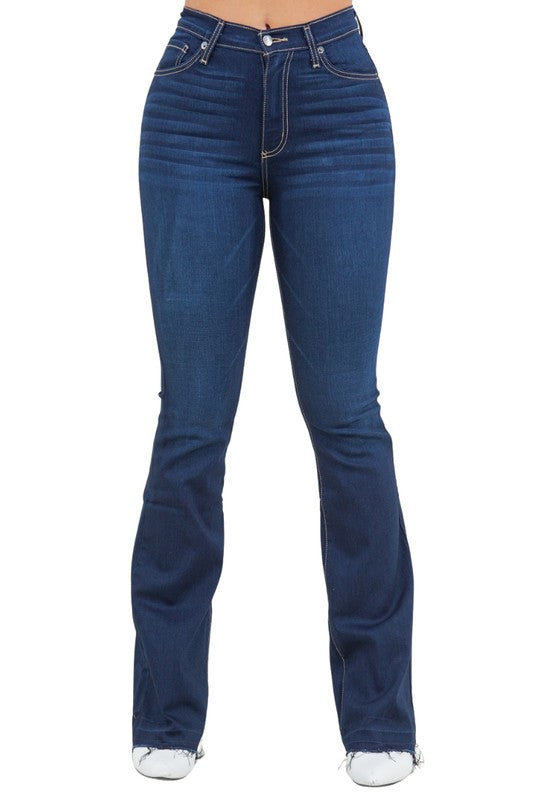Judy Bootcut Women's Jeans showcasing soft stretch denim with a bootcut silhouette and unique Re-Done Hem detail.