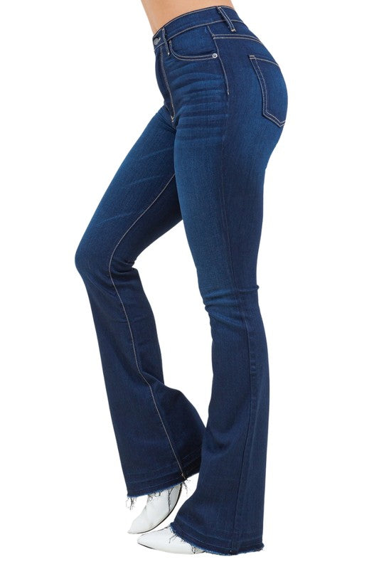 Judy Bootcut Women's Jeans shown on a model, featuring high stretch premium denim and a unique Re-Done Hem.