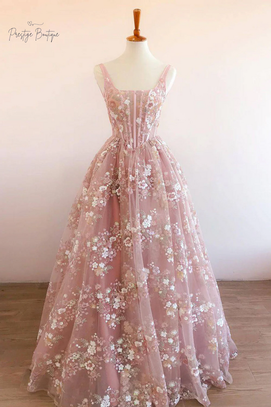 Luxurious A-Line Square Neck Long Tulle Prom Dress with Embroidery