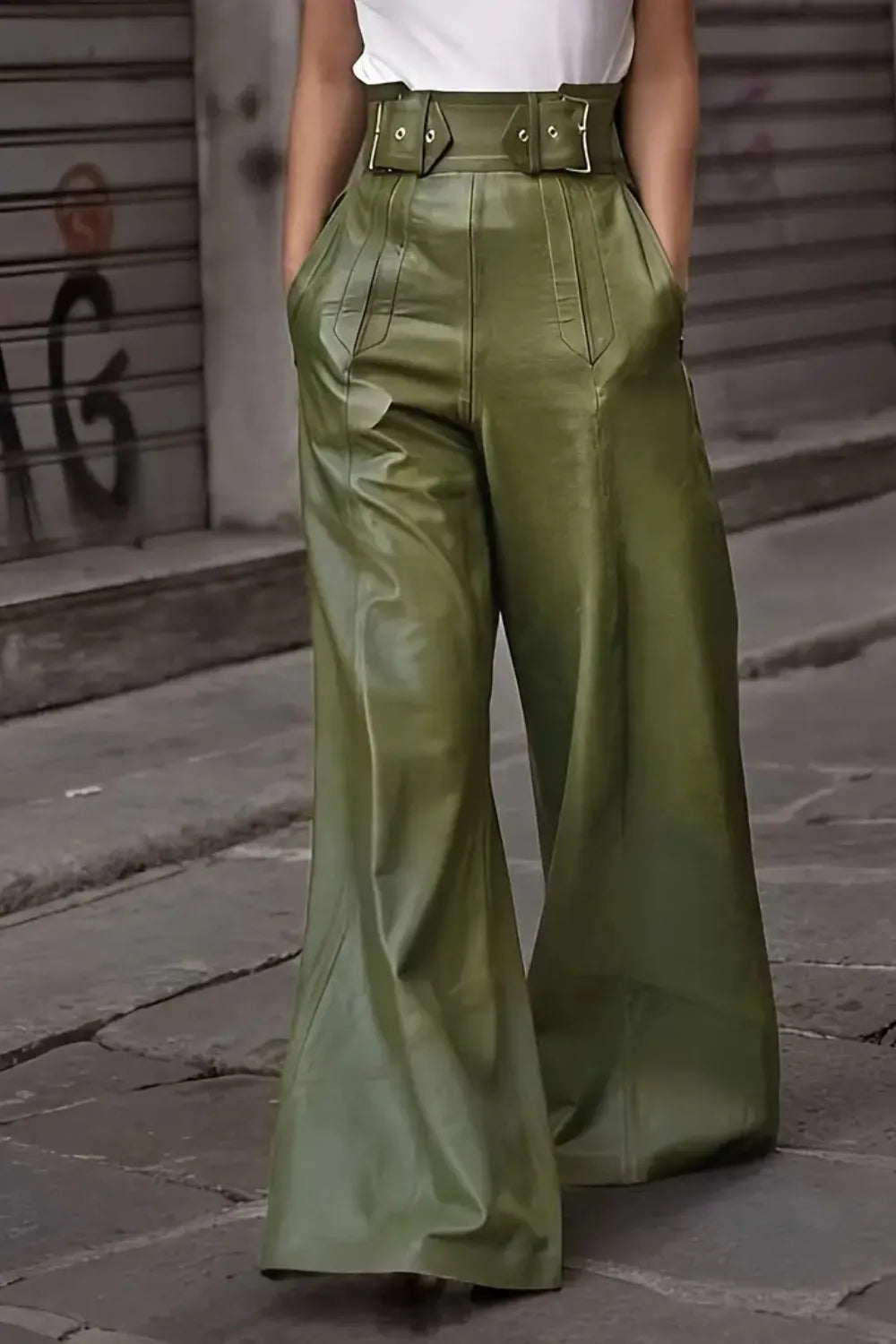 New York City Rebel High Waist Wide Flare Pants in green with pockets and belt detail, stylish and modern design.