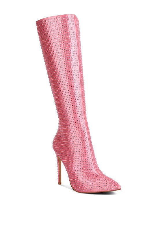 Pink knee-high boot with a pointed toe and high heel on a white background