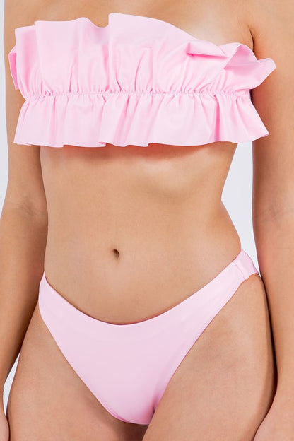 2 piece swim suit for women in pink with ruffle top strapless