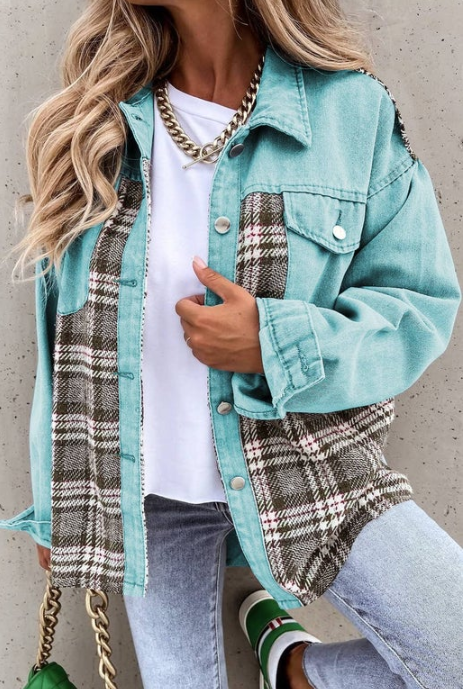Plaid Patchwork Pockets Denim Jacket