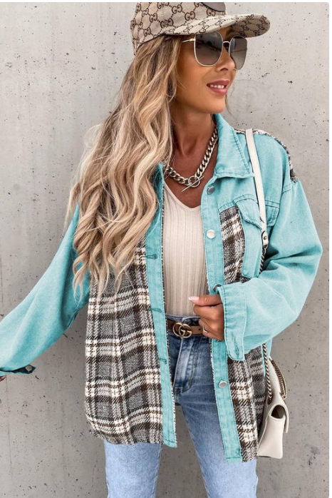 Plaid Patchwork Pockets Denim Jacket