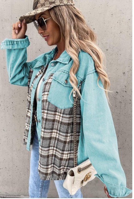 Plaid Patchwork Pockets Denim Jacket