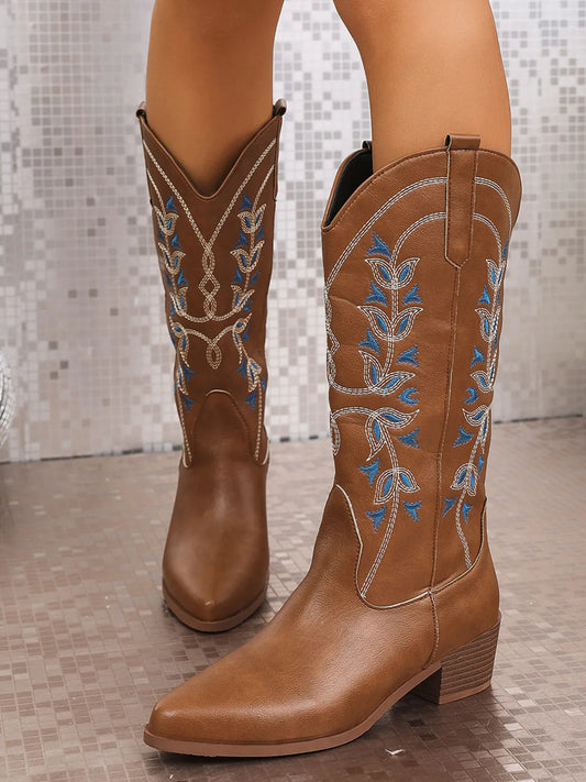 Brown cowgirl point toe block heeled boots for women with blue embroidery, ideal for stylish outfits.