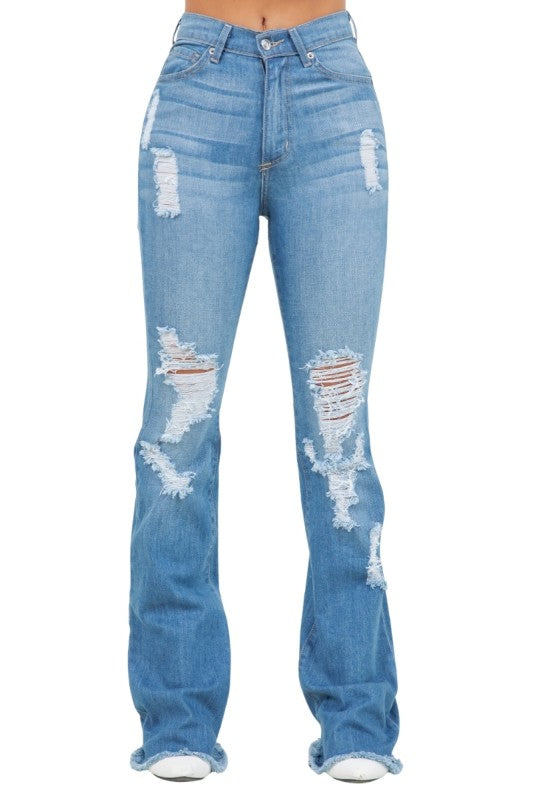 Premium USA Denim Bootcut High Rise Jeans with stylish rips and distressed details in light blue wash.