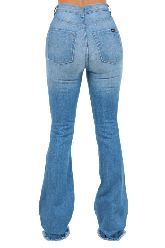 Premium USA Denim Bootcut High Rise Jeans view from the back, showcasing the flared design and pocket details.