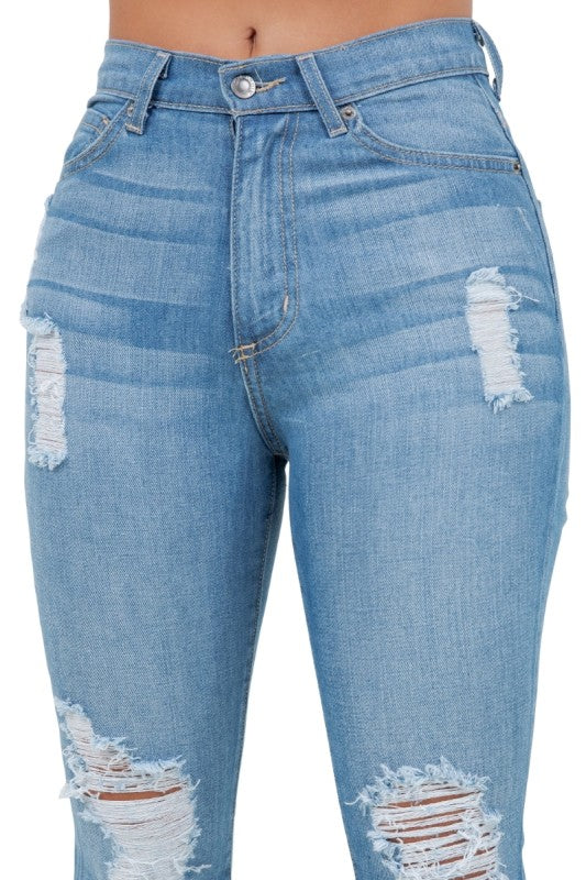 Premium USA Denim Bootcut High Rise Jeans featuring a distressed design and high-rise fit.