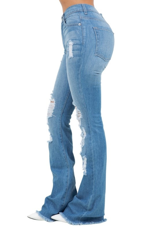 Premium USA Denim Bootcut High Rise Jeans shown from the side with distressed detailing.