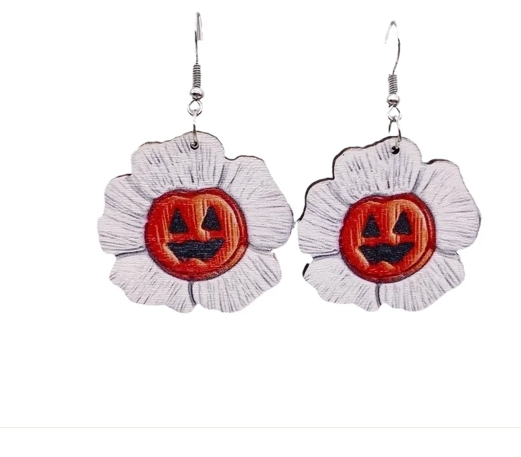Pumpkin Flower Halloween Earrings featuring floral design with pumpkin face, perfect for festive celebrations.