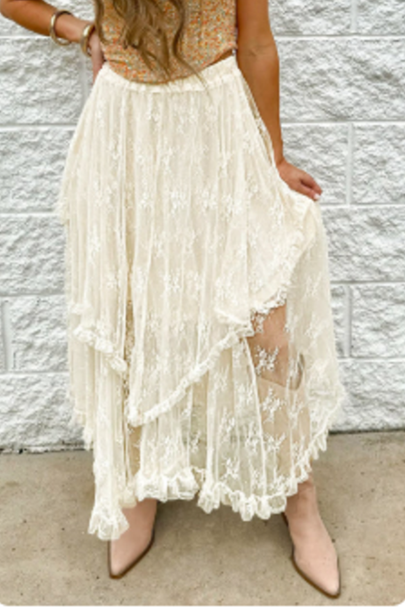 Beige Lace Cascading Tiered High Waist Maxi Skirt close-up, showcasing the intricate lace details and flowing tiers.