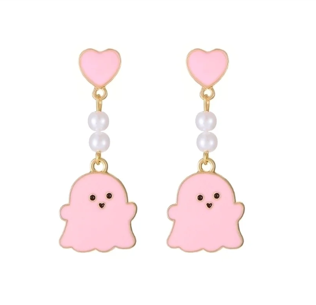 Ghost Pearl Earrings featuring cute pink ghost design with heart accents and pearl details.