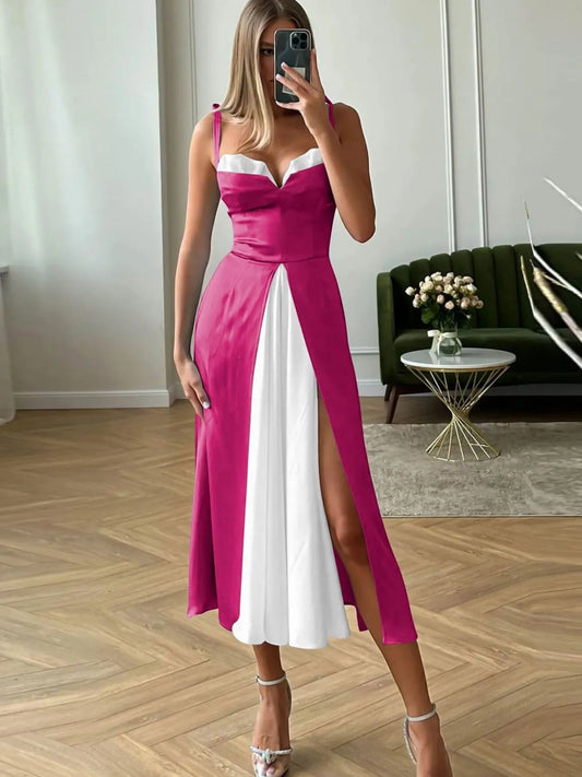 Slit Contrast Sweetheart Neck Midi Dress