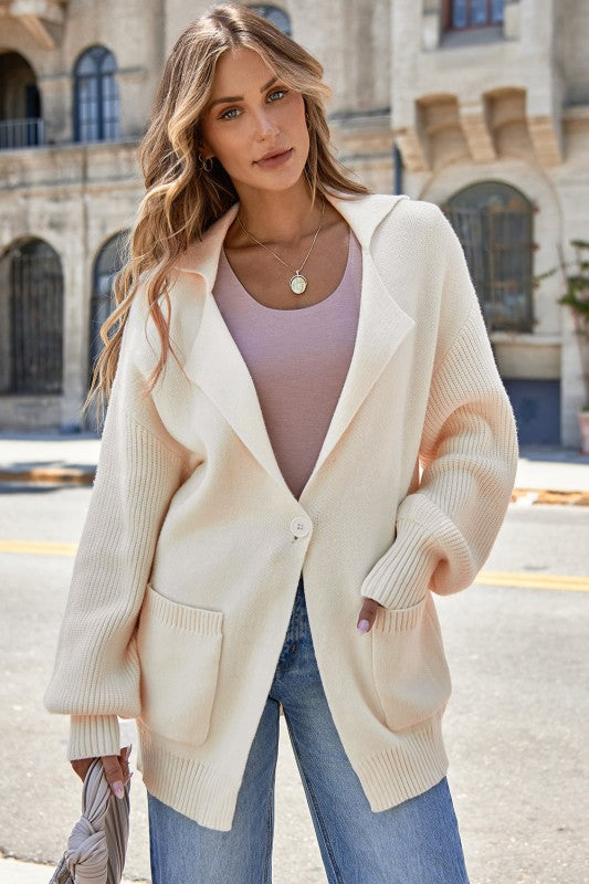 Solid Lapel Collar Single Button Sweater Cardigan worn with a casual outfit, showcasing its elegant design and soft fabric.