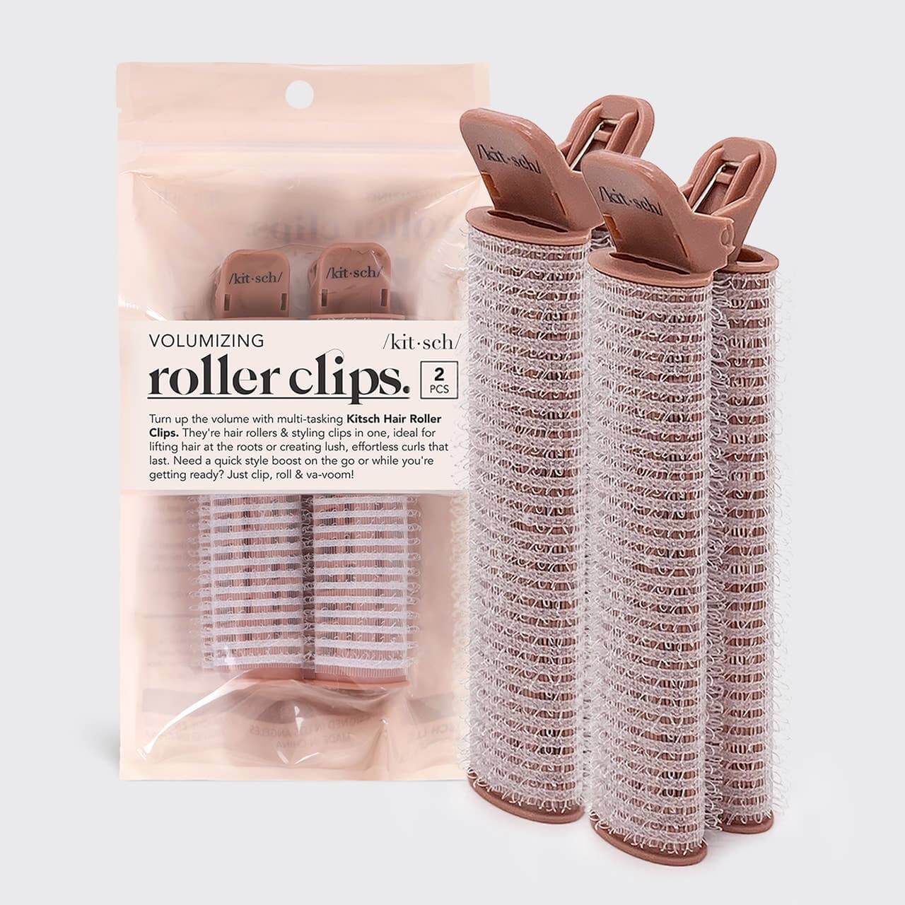 Volumizing roller clips with packaging on a light gray background