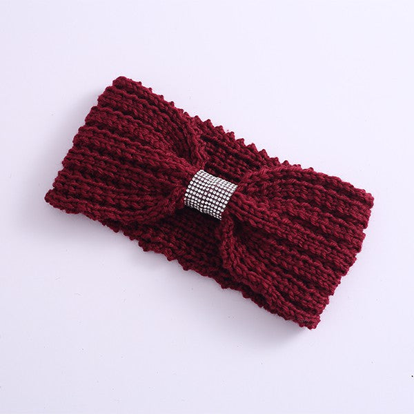 Winter Rhinestone Bow Knitted Headband