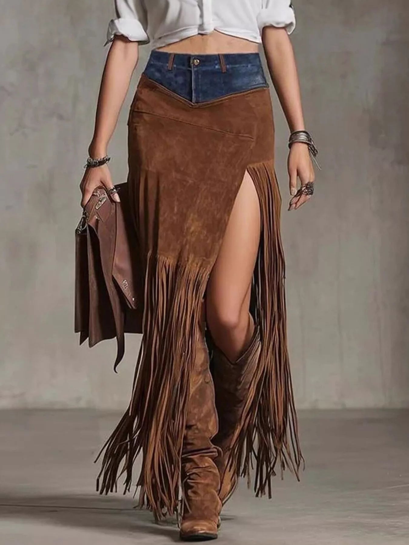 Western Denim Patchwork Fringe Maxi Skirt showcasing split style and fringe detail.